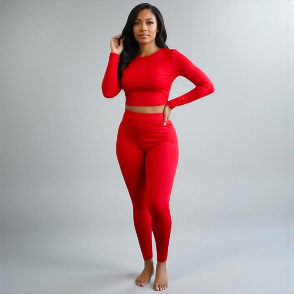 Red Long Sleeve Crop Top & Legging Set